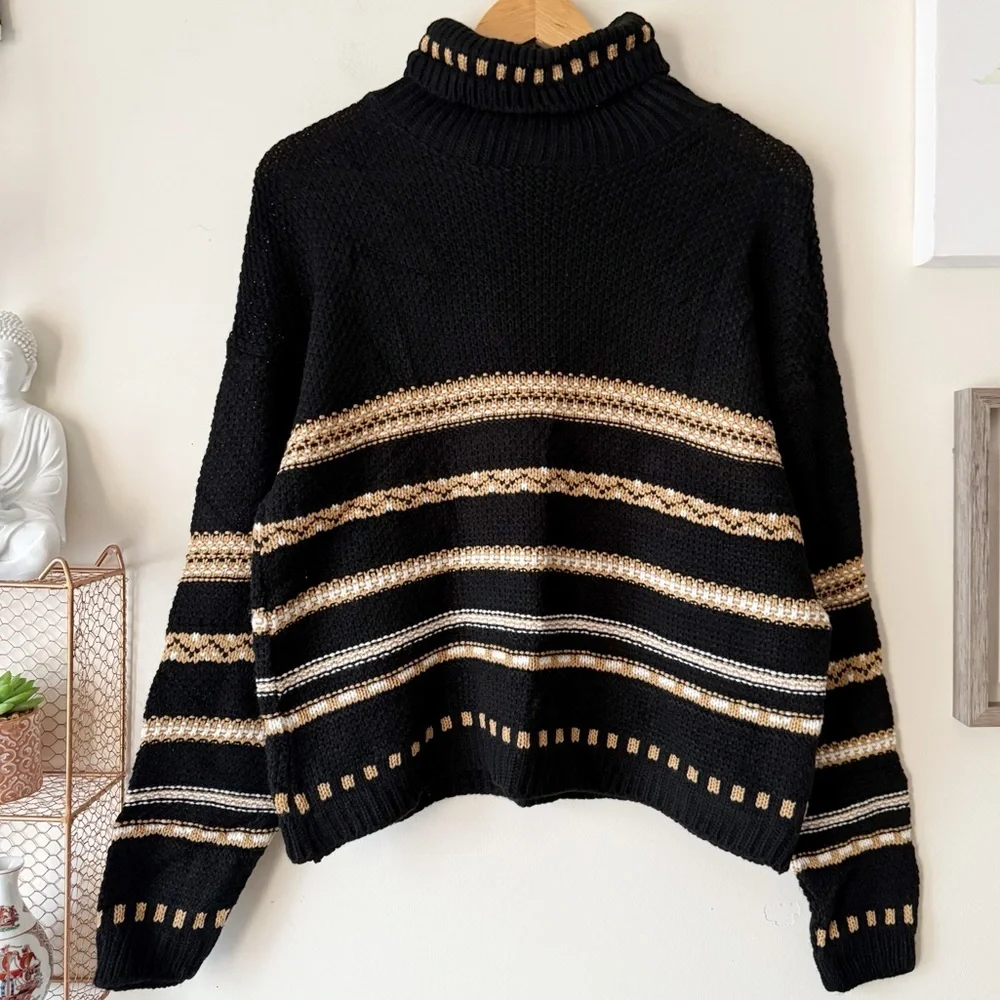 Vintage 90s Y2K Black Tan Striped Turtleneck Sweater Made in the USA Size Large